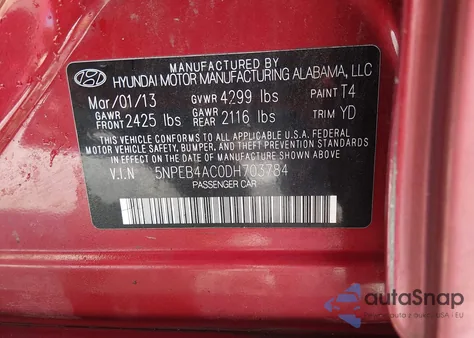 2013 Hyundai Sonata Gls z USA, uszkodzony, nr VIN 5NPEB4AC0DH703784